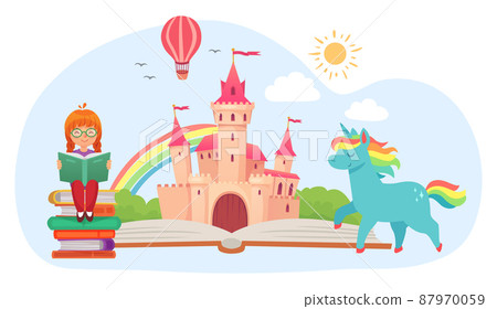 Cute little kid girl read book. Open fairy tale book with medieval kingdom and fictional characters as unicorn 87970059