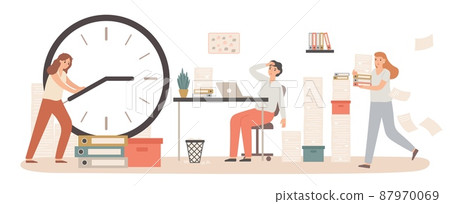 Time management with business deadline clock concept. Exhausted woman sitting at desk with laptop. Employee holding dial arrows 87970069