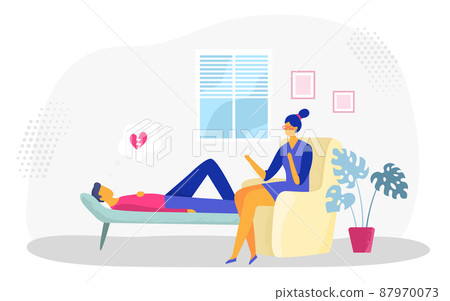 Psychotherapy session. Man lying on sofa in depression with broken heart. Female psychologist providing support Psychotherapy session. Man lying on sofa in depression with broken heart. Female psychologist providing support 87970073