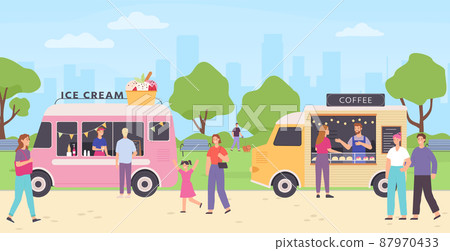 Kiosk vendor. Street food market with trucks selling bakery, coffee drinks and ice cream. People walking in park and buying snacks 87970433