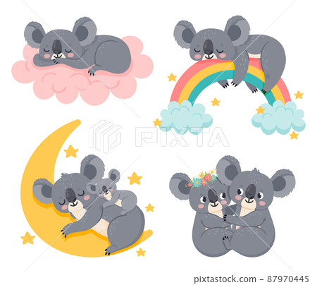 Cute cartoon koalas. Adorable animals sleeping on fluffy pink cloud, rainbow. Mother and kid relaxing and dreaming Cute cartoon koalas. Adorable animals sleeping on fluffy pink cloud, rainbow. Mother and kid relaxing and dreaming 87970445