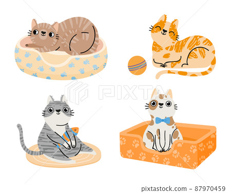 Cartoon cats. Furry colorful animals sitting and lying in bed, playing with ball and fish toy. Domestic characters 87970459