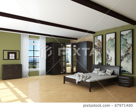 Bedroom Interior with Green Walls, Brown Wardrobe, Bed with Light Linens, Bedside Table, Ladies Table with Mirror and a Hanging Decorative Pano on the Wall. 3D rendering, 7680x5760, 300 dpi 87971480