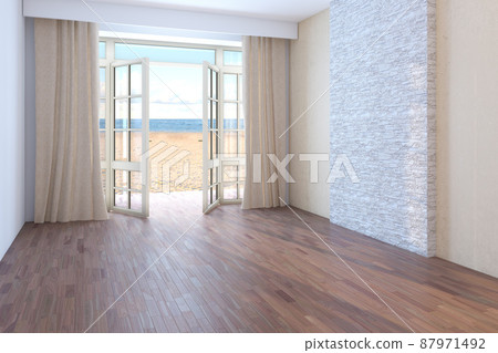 Hotel with Sea View. Empty Room with Open Windows Overlooking the Ocean, Yellow Sand and the Clouds. Dark Parquet, Beige Curtains and a Beige Stucco Wall with a Brickwork. 3D Rendering, 8K Ultra HD 87971492