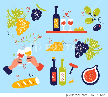 Wine and food. Red and white grape drink with different gastronomy. Snacks for alcohol beverages. Bread and olive. Clinking hands. Cheese and fruits. Glass bottles. Vector meal set Wine and food. Red and white grape drink with different gastronomy. Snacks for alcohol beverages. Bread and olive. Clinking hands. Cheese and fruits. Glass bottles. Vector meal set 87971684
