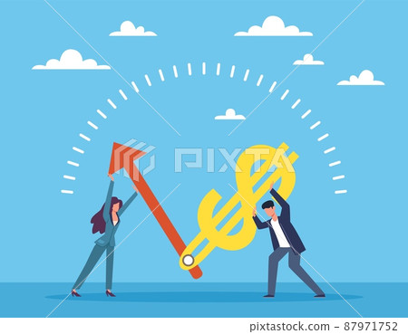 Financial operations management. Time is money. People pushing dial arrow and dollar sign. Banking transaction support. Currency transfer. Costs of hour. Deposit service. Vector concept 87971752