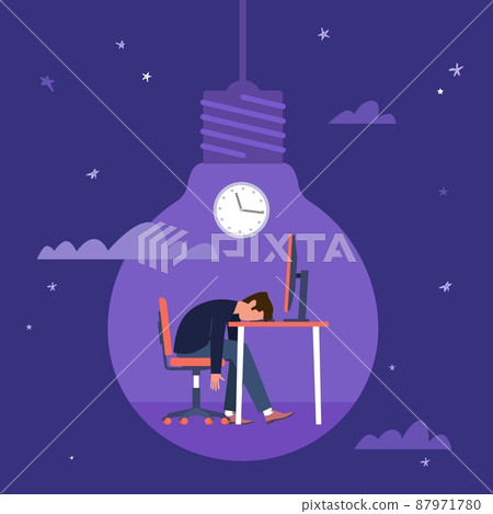 Decline. Creative crisis, sad man sitting at computer at night light bulb on background, successful idea development, failure in work, project deadline, searching strategy vector concept Decline. Creative crisis, sad man sitting at computer at night light bulb on background, successful idea development, failure in work, project deadline, searching strategy vector concept 87971780