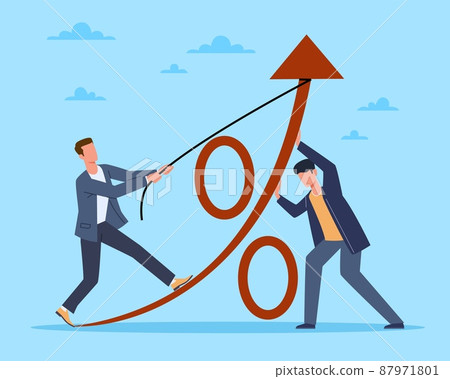 Common efforts towards the goal. Businessmen trying to raise interest rates, strategies for growth and development, investment profit or dividend rising. Vector cartoon flat concept 87971801