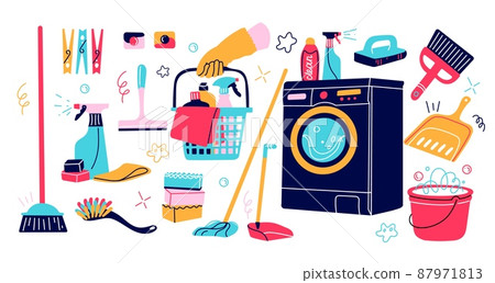 Cartoon cleaning supplies. Different household goods. Washer and buckets with mops. Detergent chemicals and sponges. Housekeeper hand with basket. Scoop and broom. Vector cleanup tools set 87971813