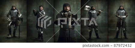 Collage. Full-length portrait of medieval warrior or knight with dirty wounded face holding big ax isolated over dark vintage background. Comparison of eras, history 87972432