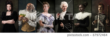 Young people as a medieval grandee on dark studio background. Collage of portraits in retro costume. Emotions, comparison of eras and facial expressions concept. 87972464