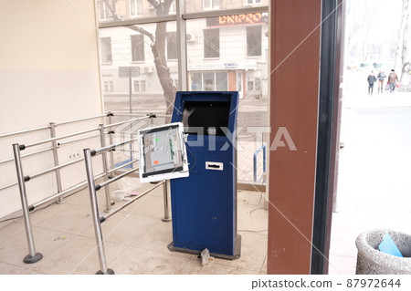 MARIUPOL, UKRAINE - 05.03.2022: Broken terminal due to terrorist attack russian in Ukraine on the city of MARIUPOL. MARIUPOL, UKRAINE - 05.03.2022: Broken terminal due to terrorist attack russian in Ukraine on the city of MARIUPOL. 87972644