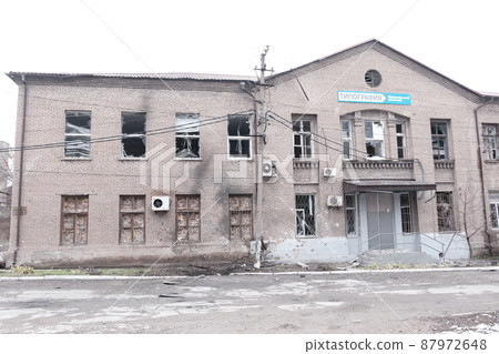MARIUPOL, UKRAINE - March. 5, 2022: War of Russia against Ukraine. Building damaged by an enemy aircraft Printing House MARIUPOL, UKRAINE - March. 5, 2022: War of Russia against Ukraine. Building damaged by an enemy aircraft Printing House 87972648