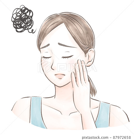 A woman who puts her hands on her cheeks, closes her eyes, and suffers from skin problems. 87972658