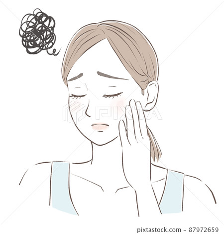 A woman who puts her hands on her cheeks, closes her eyes, and suffers from skin problems. 87972659