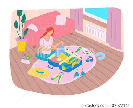 Cartoon Color Character Woman and Packing Suitcase or Luggage Concept Flat Design Style. Vector illustration of Girl and Clothes for Journey 87972944