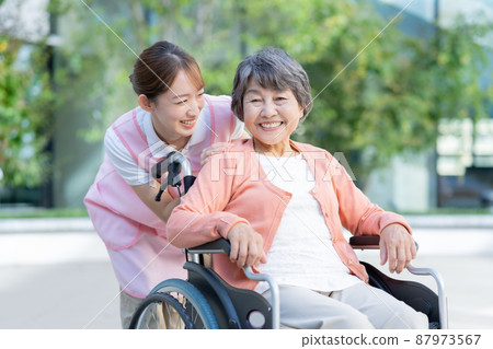Portrait of a senior woman in a wheelchair and a young female nurse pushing a wheelchair. Portrait of a senior woman in a wheelchair and a young female nurse pushing a wheelchair. 87973567