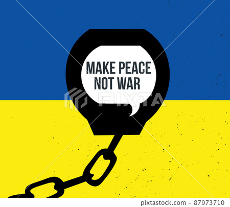Contemporary art collage. Handcuffs with no war lettering inside isolated over blue and yellow ukrainian flag background Contemporary art collage. Handcuffs with no war lettering inside isolated over blue and yellow ukrainian flag background 87973710