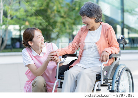 Portrait of a senior woman in a wheelchair and a young female nurse pushing a wheelchair. Portrait of a senior woman in a wheelchair and a young female nurse pushing a wheelchair. 87973885