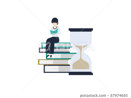 Illustration material of a Japanese woman who secures reading time and reads a lot of books 87974685
