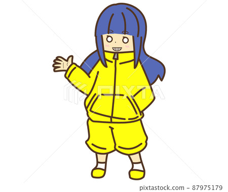 Blue-haired straight-haired girl talking gesture yellow hoodie smile Blue-haired straight-haired girl talking gesture yellow hoodie smile 87975179