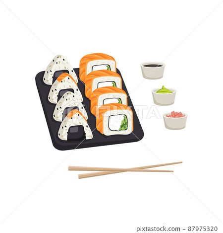 Set with japanese sushi dish, rolls with salmon fish. Delicious oriental traditional food on black tray with chopsticks, ginger, wasabi and soy sauce. Vector flat food illustration Set with japanese sushi dish, rolls with salmon fish. Delicious oriental traditional food on black tray with chopsticks, ginger, wasabi and soy sauce. Vector flat food illustration 87975320