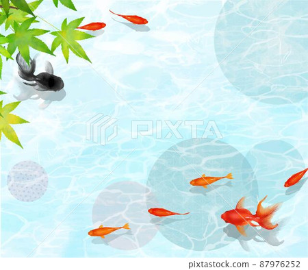 Vector summer frame material with beautiful design of water ripples where black and red goldfish and killifish swim gracefully in the water under the autumn leaves 87976252