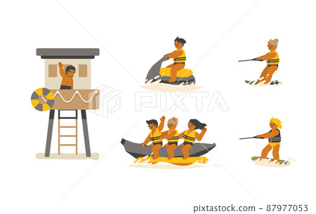 Activities of people when going to the beach Vol.02. beach lifeguard, jet ski, water skiing, banana boat, wakeboarding cartoon illustration vector on white background. Activities of people when going to the beach Vol.02. beach lifeguard, jet ski, water skiing, banana boat, wakeboarding cartoon illustration vector on white background. 87977053