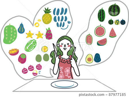 Girl set waiting at the table to eat tropical fruits Illustration material 87977185