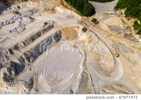 Open pit mining of construction sand stone materials with excavators and dump trucks. Open pit mining of construction sand stone materials with excavators and dump trucks. 87977472