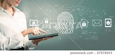 Fingerprint scanning theme with business woman using a tablet 87978043