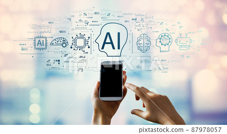 AI concept with person using smartphone 87978057
