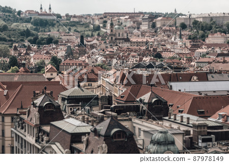 Prague cityscape with tilt-shift effect as seen from the The Old Town Hall. Prague, Czech Republic 87978149