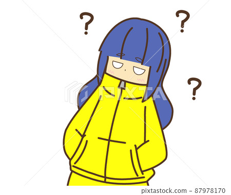 Blue hair straight hair girl yellow hoodie doubt Blue hair straight hair girl yellow hoodie doubt 87978170