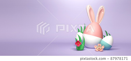 Colorful hand decorated Easter eggs with rabbit ears Colorful hand decorated Easter eggs with rabbit ears 87978171