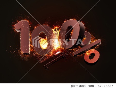 Burning shopping cart and red hundred percent discount sign. 3D illustration Burning shopping cart and red hundred percent discount sign. 3D illustration 87978287