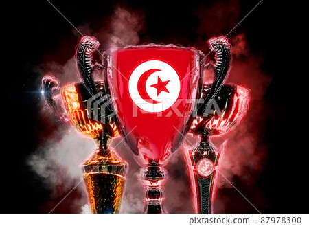 Trophy cup textured with flag of Tunisia. 2D Digital illustration 87978300