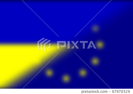 European Union (EU) and Ukraine. European Union flag and Ukraine flag. Concept of aid, association of countries, political and economic relations. Horizontal design. Abstract design. Illustration. 87978329