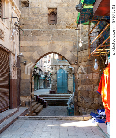 Historic Mamluk era Khan al-Khalili bazaar and souq, closed during Covid-19 lockdown, Cairo, Egypt 87979102