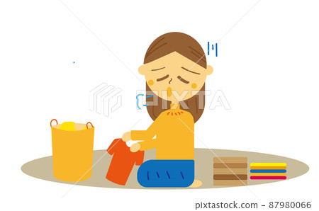 在一次手術中厭倦了日常育兒和家務的家庭主婦的插圖。因經前綜合症或頭痛而感到不適 87980066