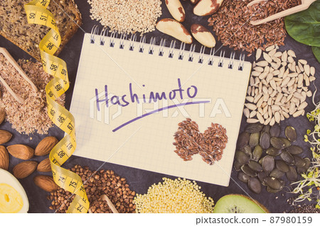 Nutritious ingredients, tape measure and inscription hashimoto. Healthy food containing vitamins 87980159