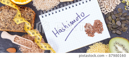 Notepad with inscription hashimoto and best ingredients or products for healthy thyroid 87980160