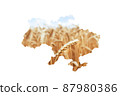 Image of a map of Ukraine on a white background. Texture of yellow wheat field with spikelet in the foreground and blue sky. Selective focus. Stop the war 87980386