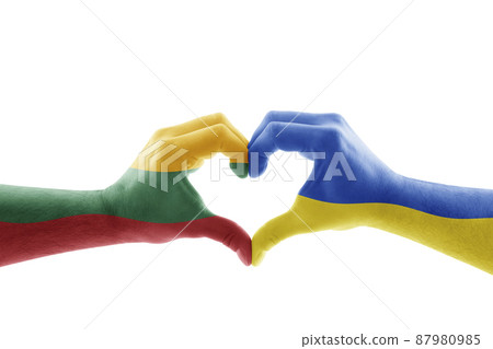 Two hands in the form of heart with Lithuanian and Ukrainian flag isolated on white background Two hands in the form of heart with Lithuanian and Ukrainian flag isolated on white background 87980985