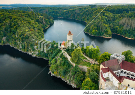 Panoramic view of Zvikov Castle on the hill surrounded by river Vltava and Otava in South Bohemia region in Czech Republic. 87981011