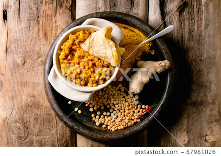 Traditional indian yellow pea food dal with roti bread 87981026