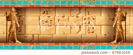 Egypt temple wall, vector Egyptian tomb background, Horus statue, hieroglyphs, pyramid interior Egypt temple wall, vector Egyptian tomb background, Horus statue, hieroglyphs, pyramid interior 87981039