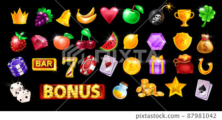 Casino slot icon set, virtual Vegas game fruit UI design elements, vector gambling machine badge kit 87981042