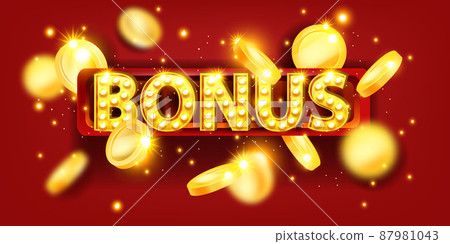 Casino bonus banner, golden flying coin, light bulbs, vector red promotion jackpot prize background 87981043