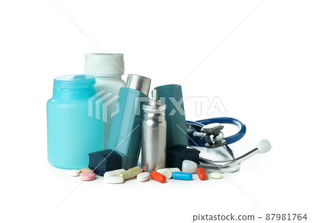 Asthma treatment accessories isolated on white background 87981764